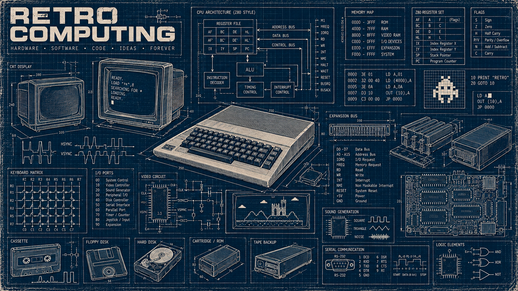 Disegno tecnico retro computing, Z80, circuiti, computer e periferiche